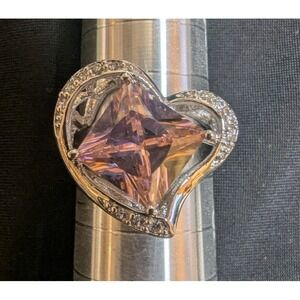 Heart Statement Ring Womens size 8.25  Pink Square Gemstone Halo Silver Tone
